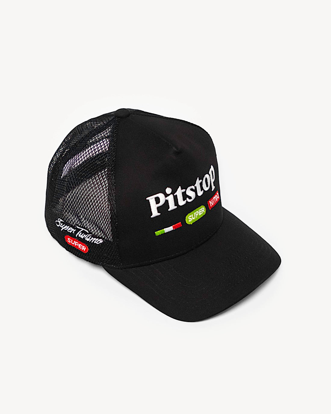 Side view of a cute black snapback hat showcasing side patchwork, with trendy racing-inspired patches on the front and a cooling mesh rear design.
