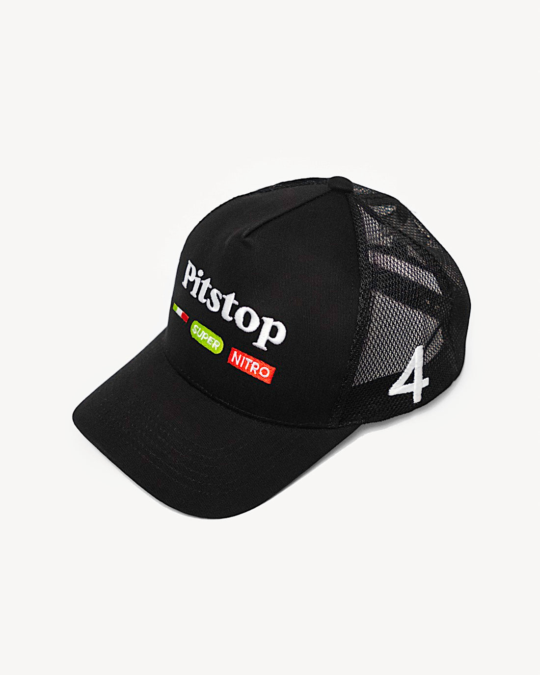 Front view of a sexy black snapback hat featuring stylish racing-inspired patches on the front and a cooling mesh rear design.
