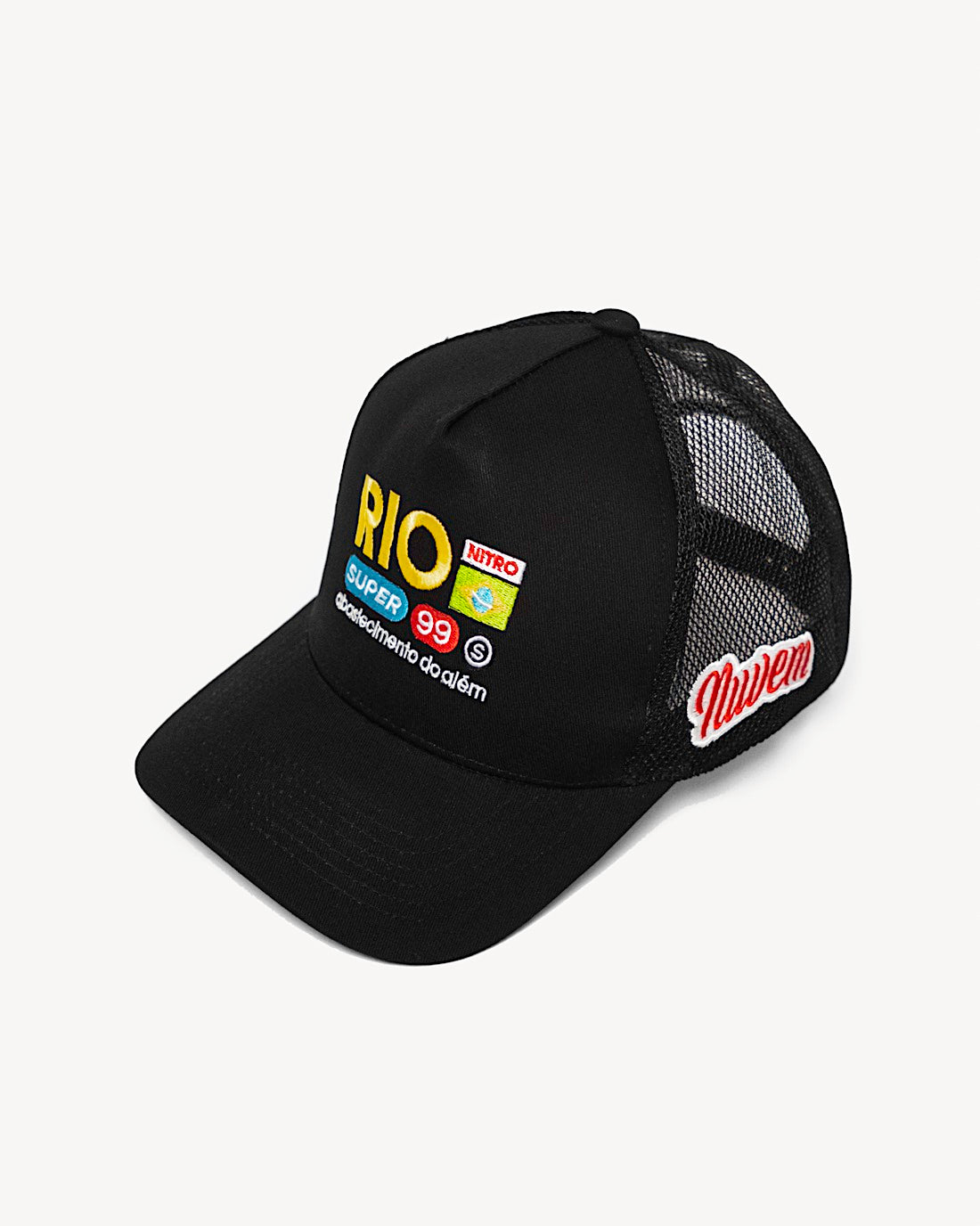 Front view of a classic black snapback hat featuring designer Brazilian-inspired patches on the front and a cooling mesh rear design.