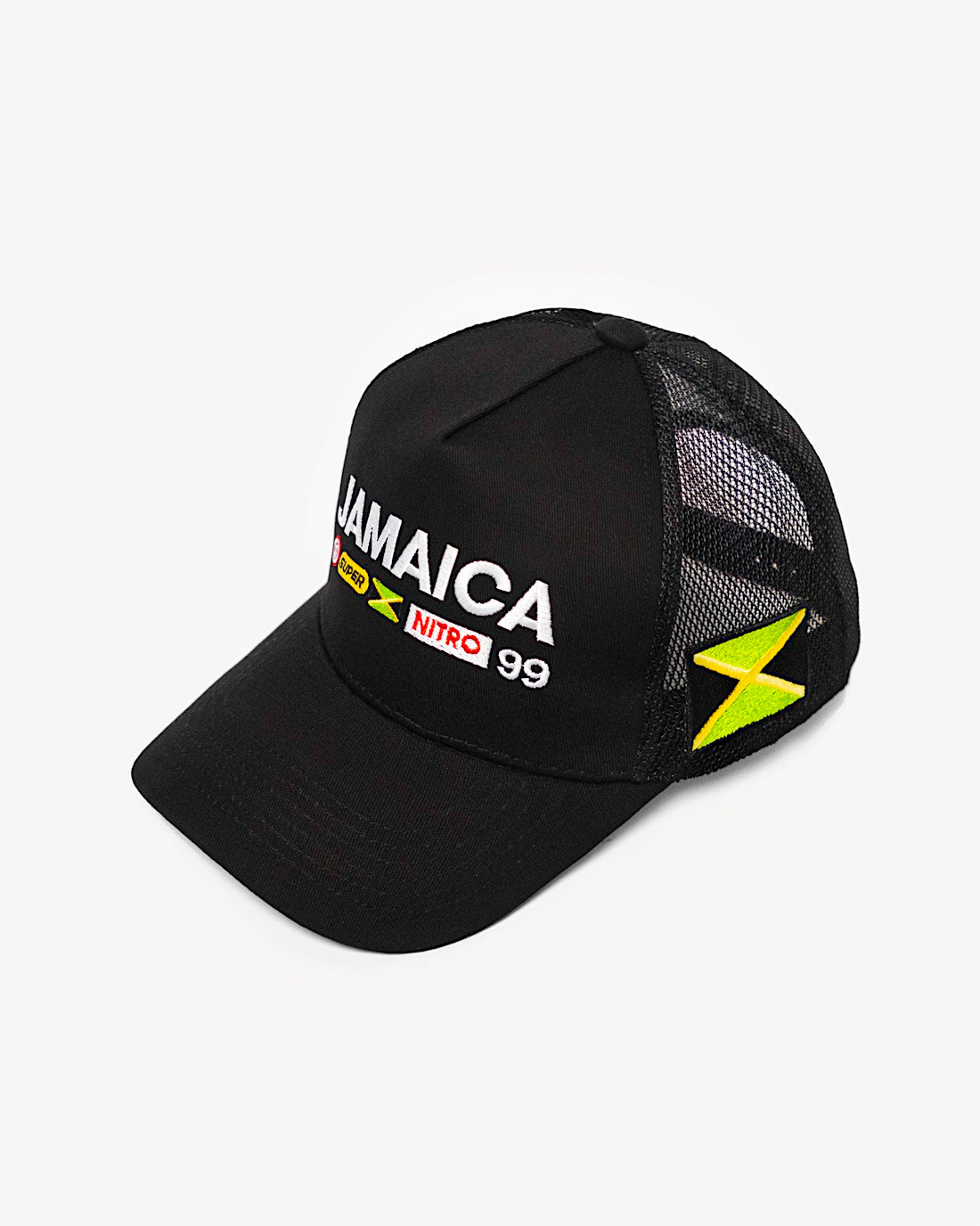 Front view of a classic black snapback hat featuring intricate Jamaica-inspired patches on the front and a cooling mesh rear design.