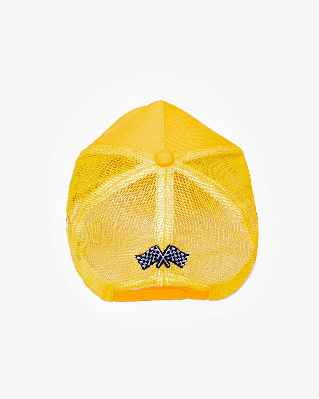 Rear view of a cute yellow snapback hat showcasing trendy and cooling mesh design with racing-inspired patches.