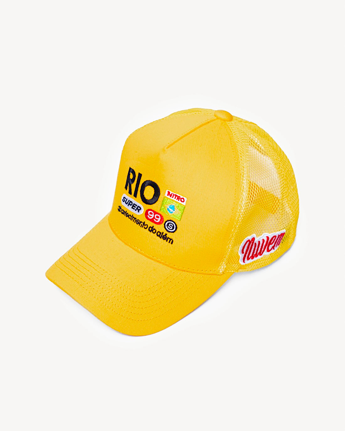 Front view of a trendy yellow snapback hat featuring designer Brazilian-inspired patches on the front and a cooling mesh rear design.
