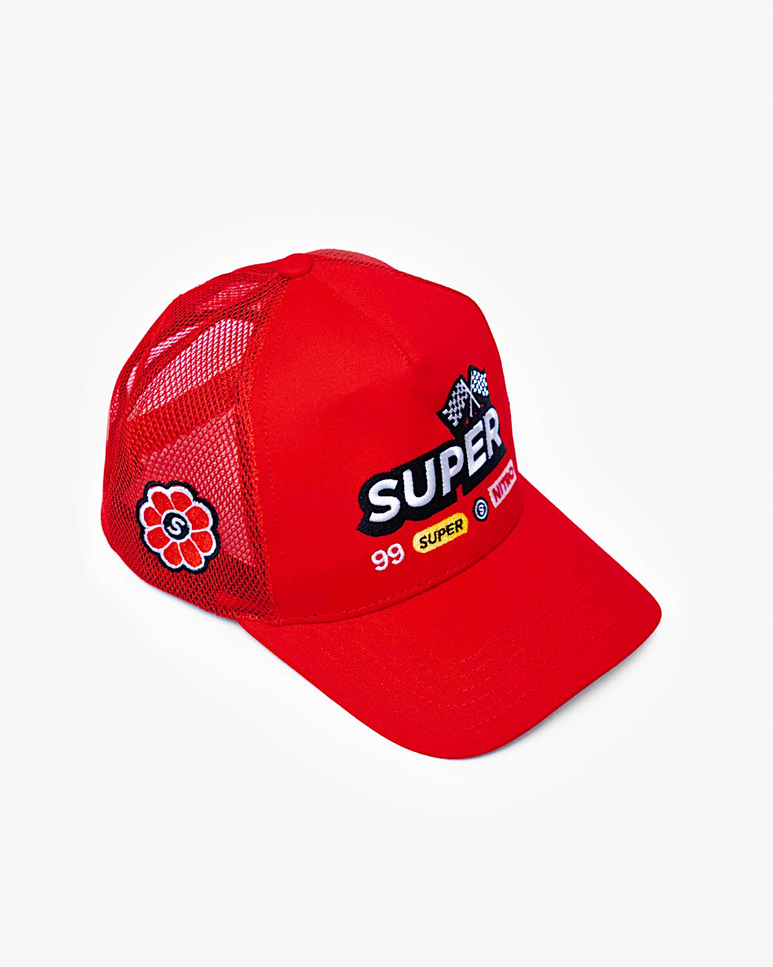 Side view of a colorful red snapback hat showcasing side patch design of flower, with designer racing-inspired patches on the front and a cooling mesh rear design.