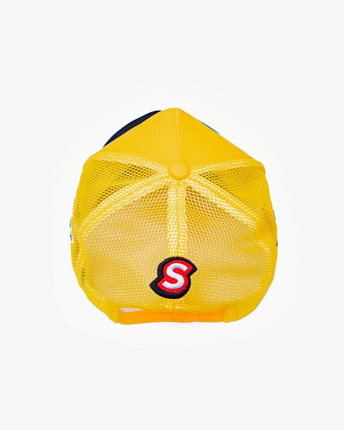 Rear view of a vibrant two-toned yellow and black snapback hat showcasing summery and cooling mesh design with vibrant racing-inspired patches.