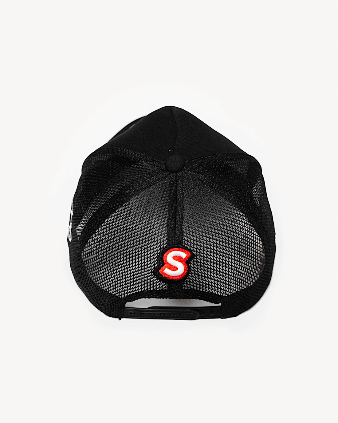 Rear view of a classic black snapback hat showcasing cooling and comfy mesh design with vibrant racing-inspired patches.