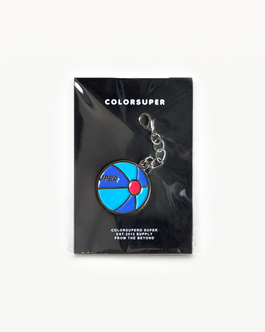 Chrome blue beachball bikini charm with lobster clasp.