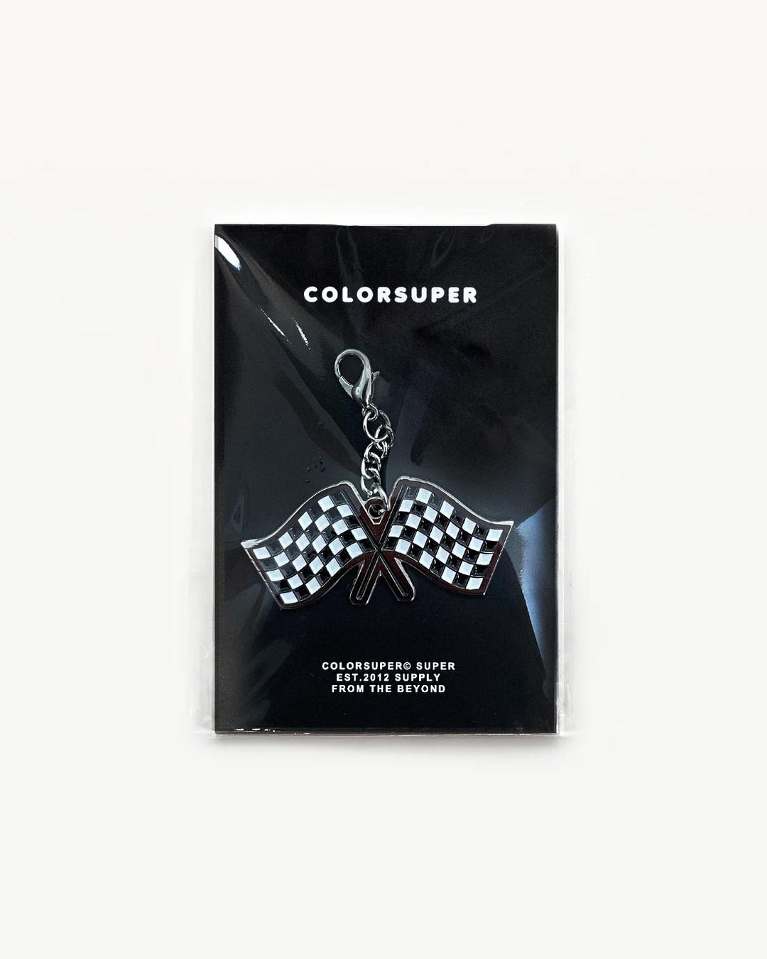 Chrome chequered flag bikini charm with lobster clasp.
