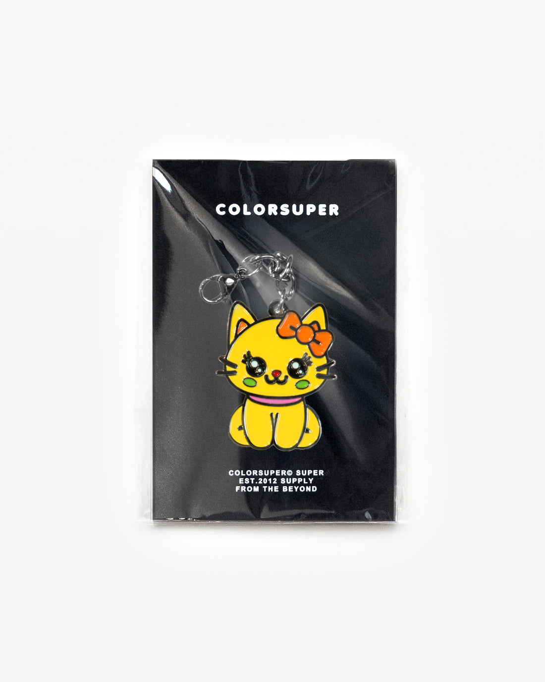 Yellow cute cat charm with a peach bow, perfect for clipping to bags, adds kawaii style.