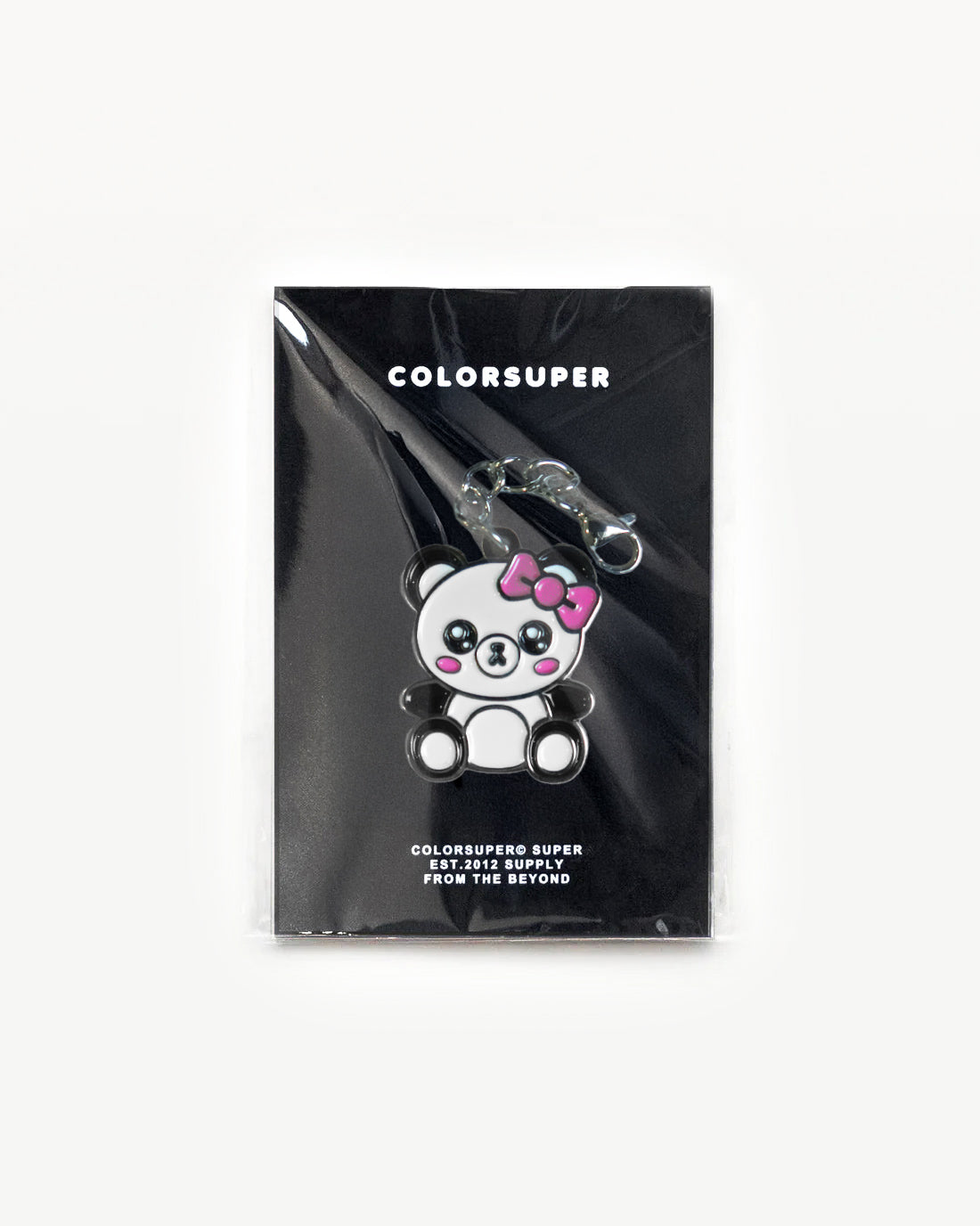 Cute Panda charm with a pink bow on a card, perfect for accessories and cute gifts.