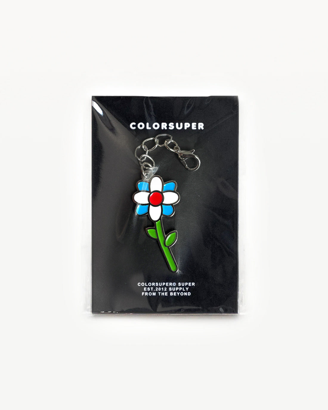 Chrome blue flower bikini charm with lobster clasp.