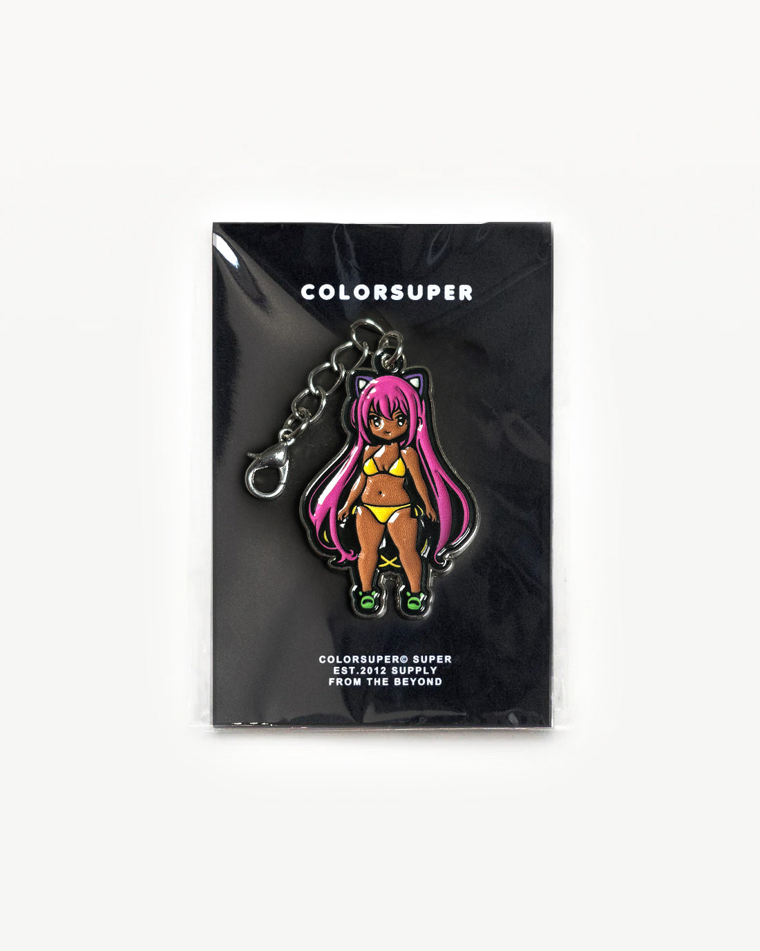 Chrome kawaii girl with pink hair bikini charm with lobster clasp.