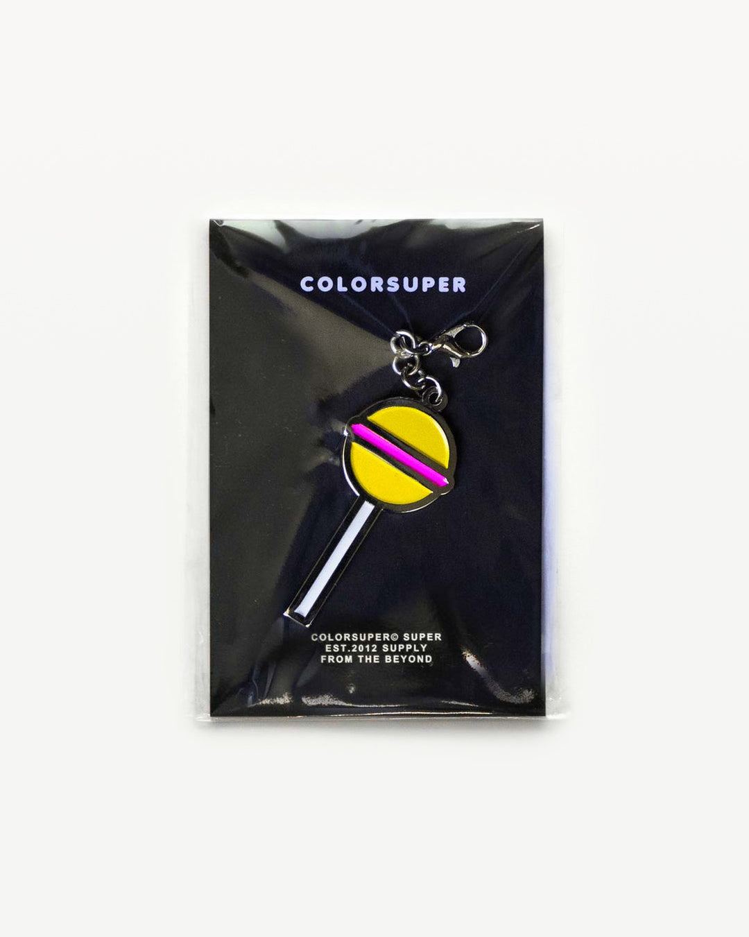 Chrome lollipop bikini charm with lobster clasp.