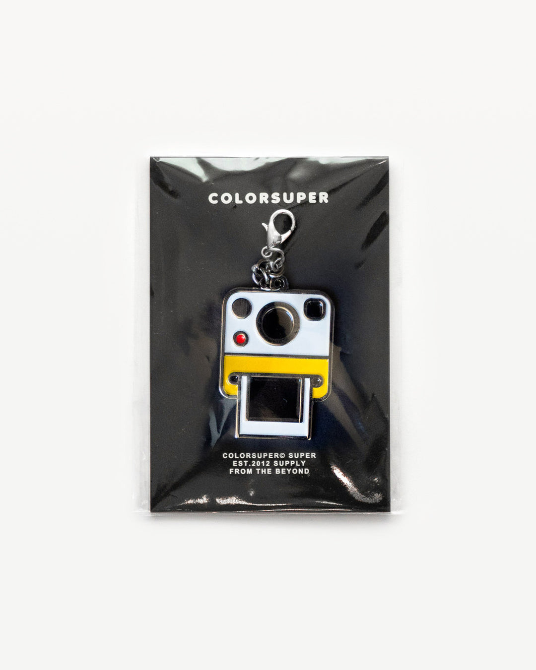 Chrome polaroid camera bikini charm with lobster clasp.
