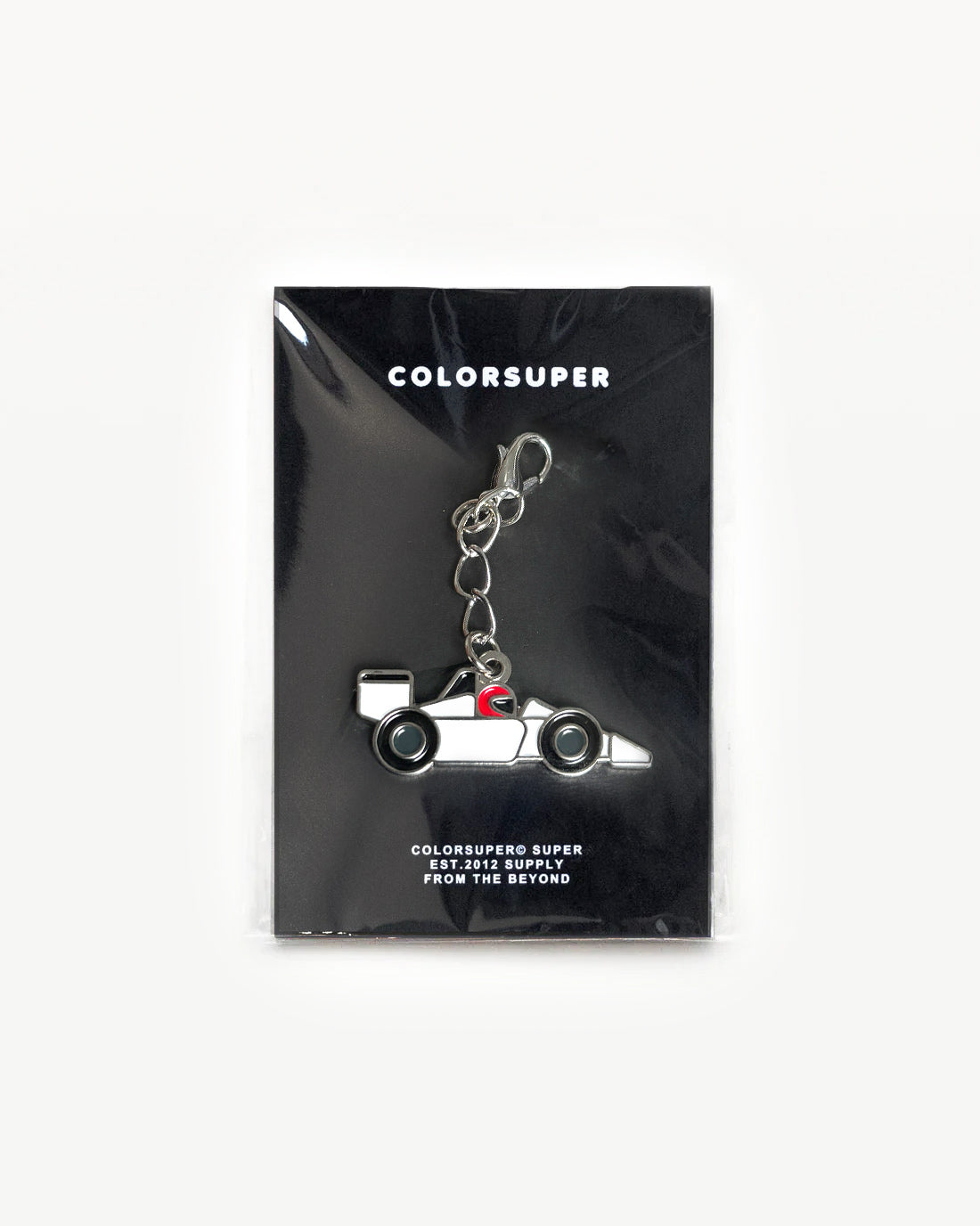 Chrome racer car bikini charm with lobster clasp.