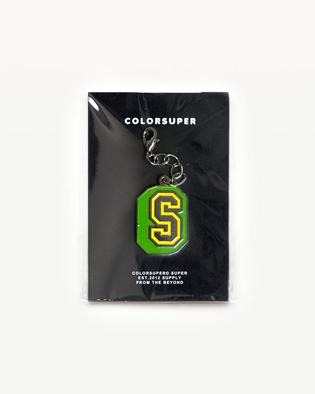 Chrome letter S green bikini charm with lobster clasp.