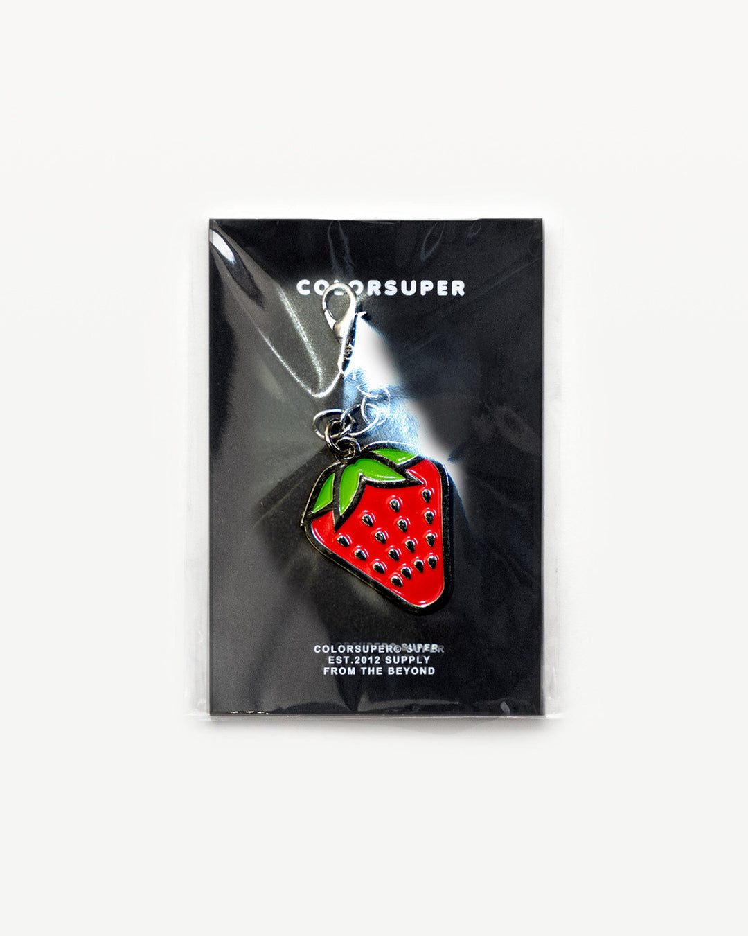 Chrome strawberry bikini charm with lobster clasp.