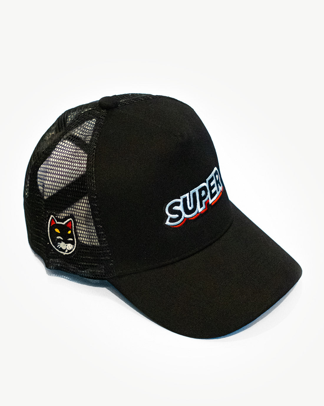 Front side of a super black mesh snapback hat with unique patches.