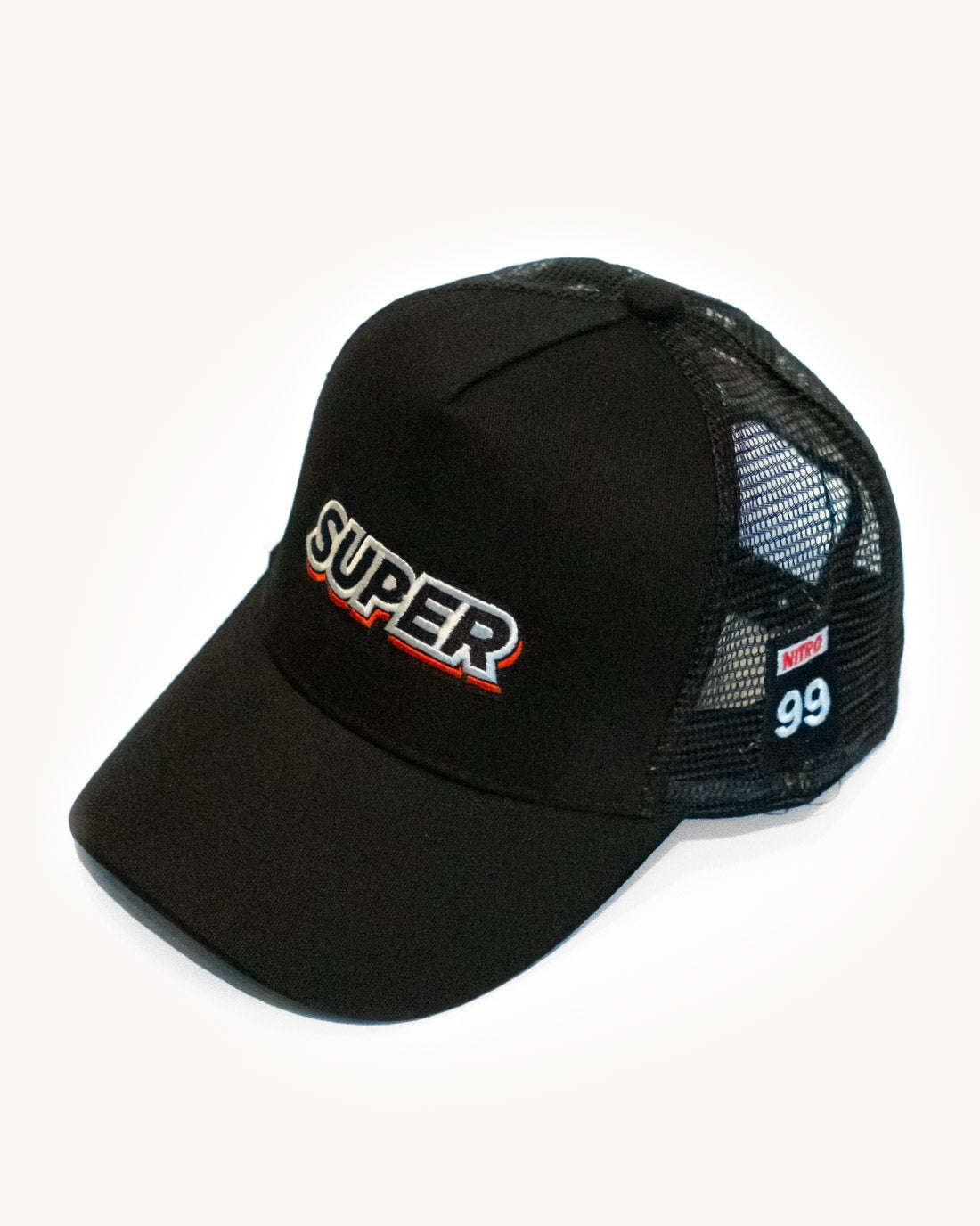 Front side of a super black mesh snapback hat with cool patches.