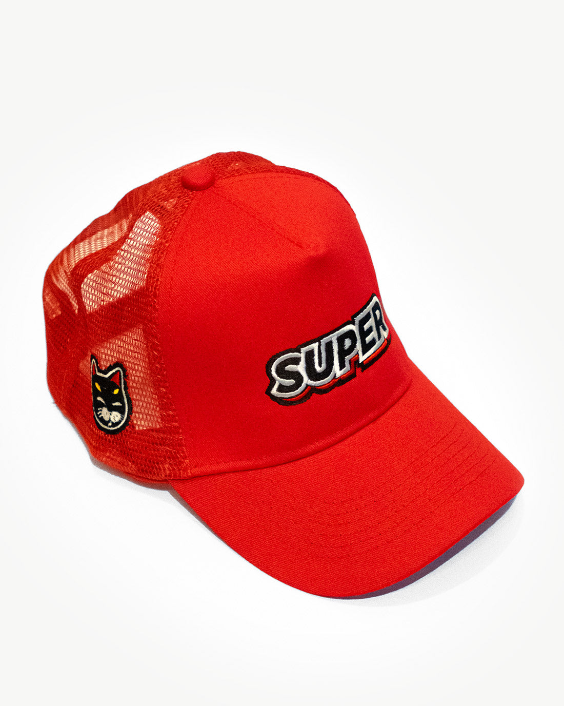 Front side of a super red mesh snapback hat with cute kitty cat patch.