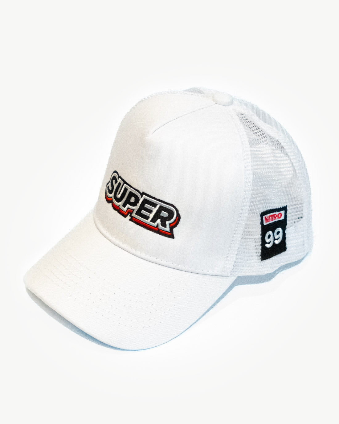 Front side of a super white mesh snapback hat with unique patches.