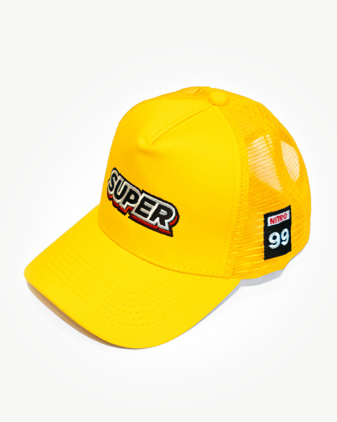 Front side of a super yellow mesh snapback hat with unique patches.