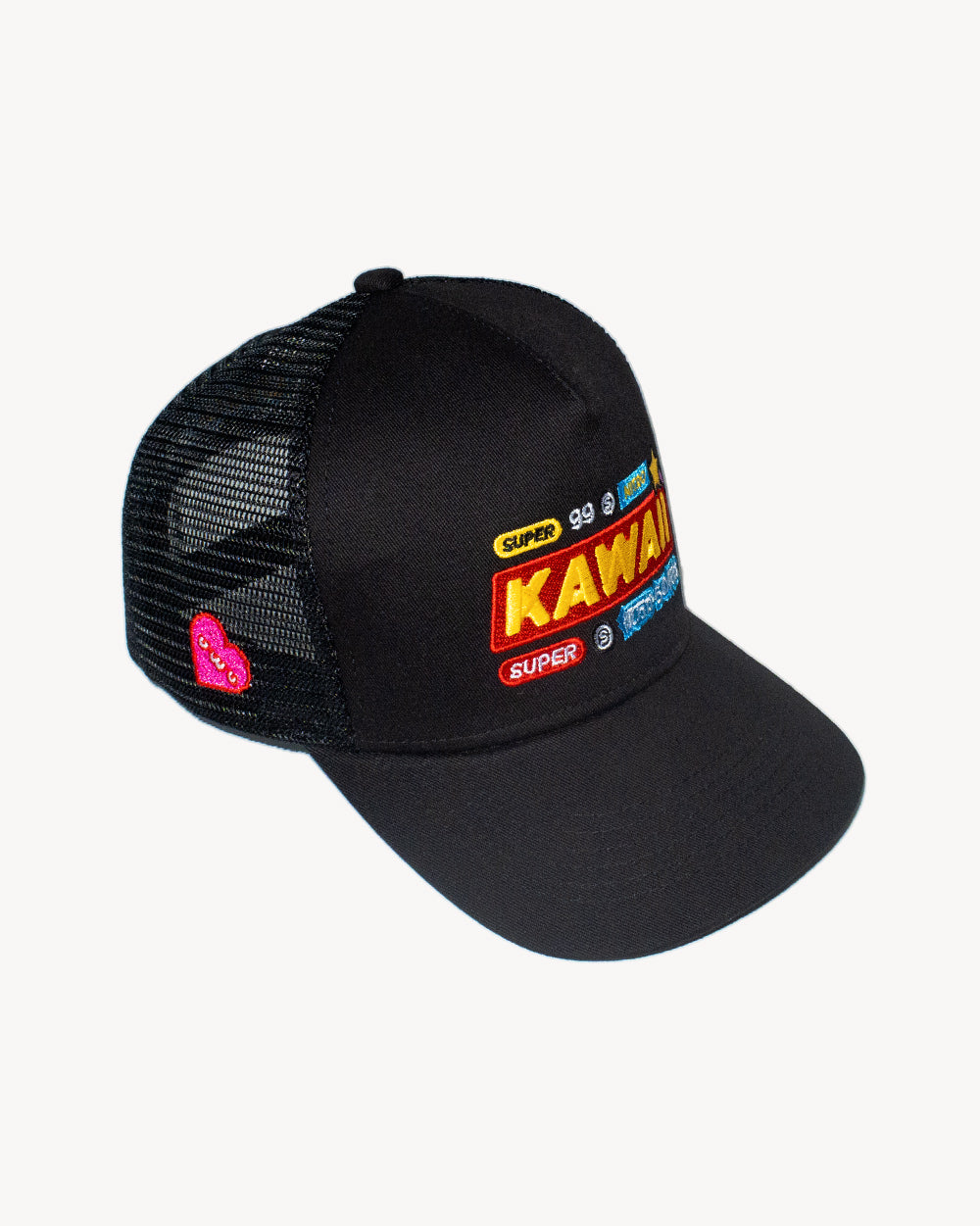 Kawaii Nitro Snapback Black cap featuring colorful embroidered designs and a breathable mesh back.