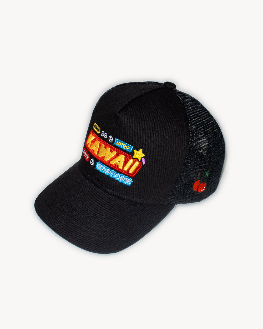 Kawaii Nitro Snapback Black hat with colorful embroidered designs on front and mesh back for comfort.
