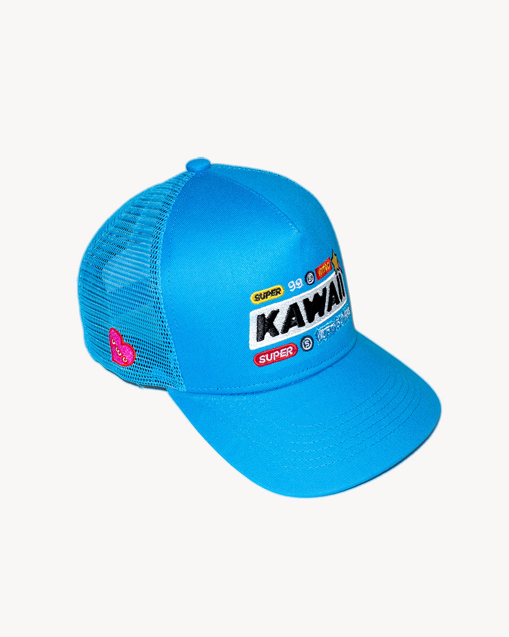 Kawaii Nitro Snapback Blue cap with unique embroidered designs and mesh back, perfect for stylish swim looks.