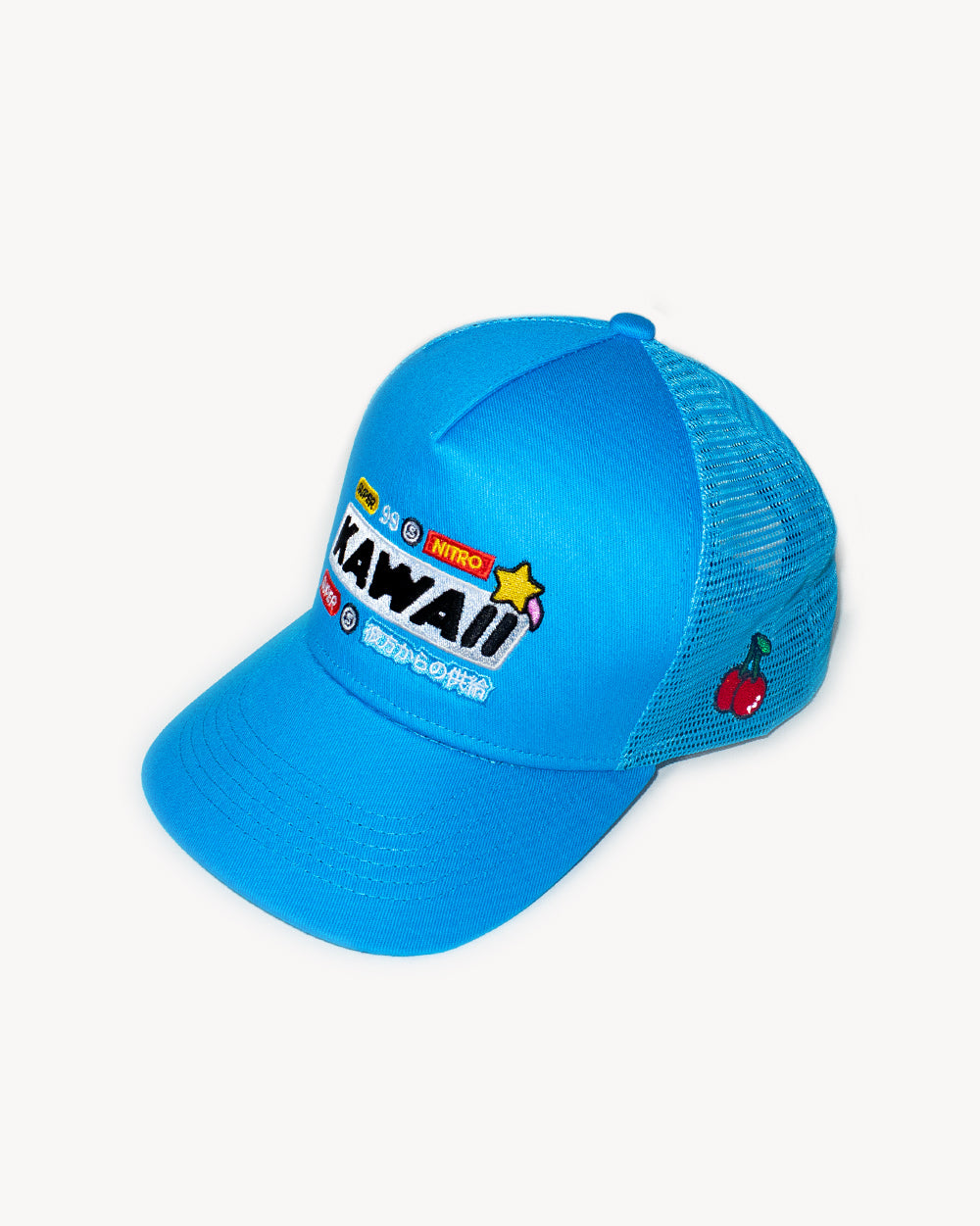Kawaii Nitro Snapback Blue hat with embroidered designs, mesh back for comfort, perfect for swimwear styles.