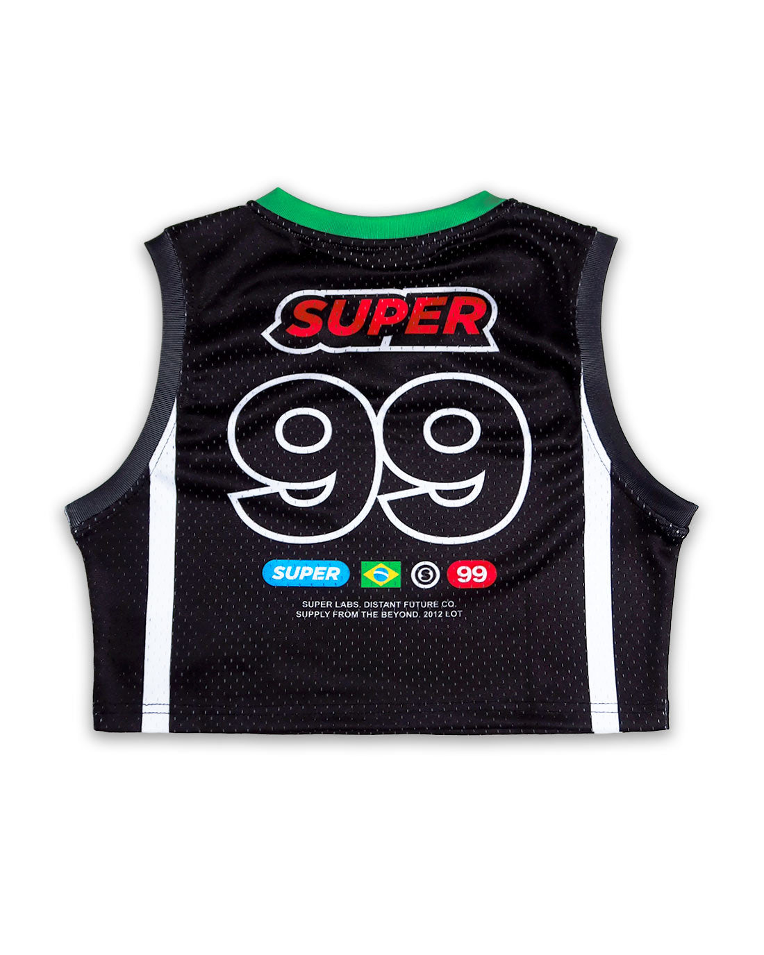 Rear view of a women's sleeveless basketball jersey crop top in black with green neck trim, featuring lightweight mesh fabric and number 99 printed on the back.