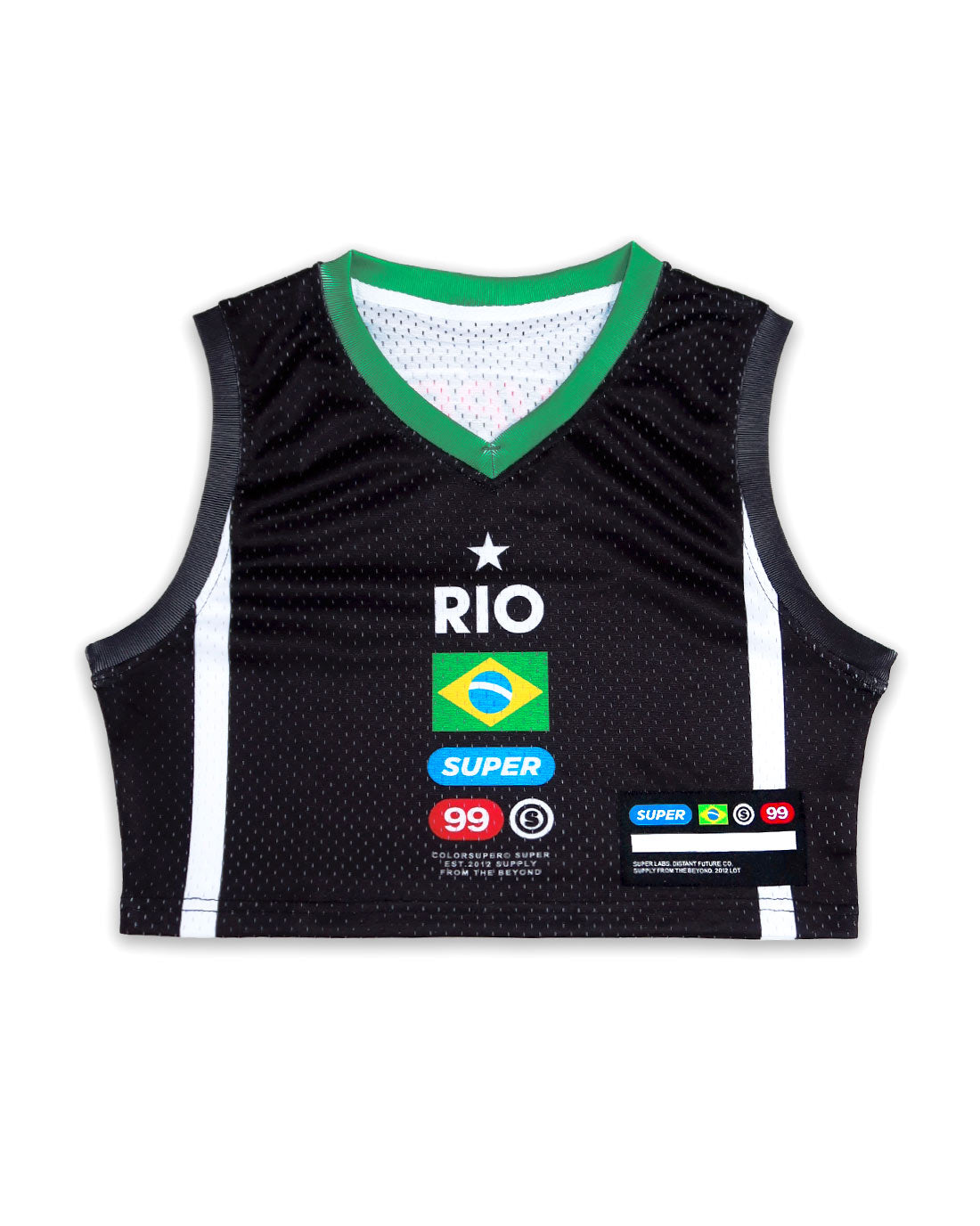 Front view of a women's sleeveless basketball jersey crop top in black with green neck trim, featuring lightweight mesh fabric and Brazilian-inspired graphics.