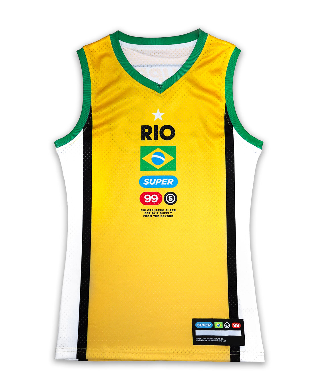 Front view of a  women's basketball jersey in yellow with green trim, featuring lightweight mesh fabric and Brazilian flag-inspired graphics.