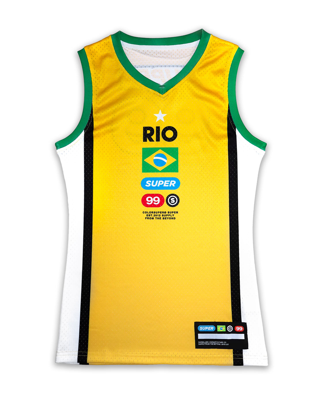 Front view of a women's basketball jersey in yellow with green trim, featuring lightweight mesh fabric and Brazilian flag-inspired graphics.