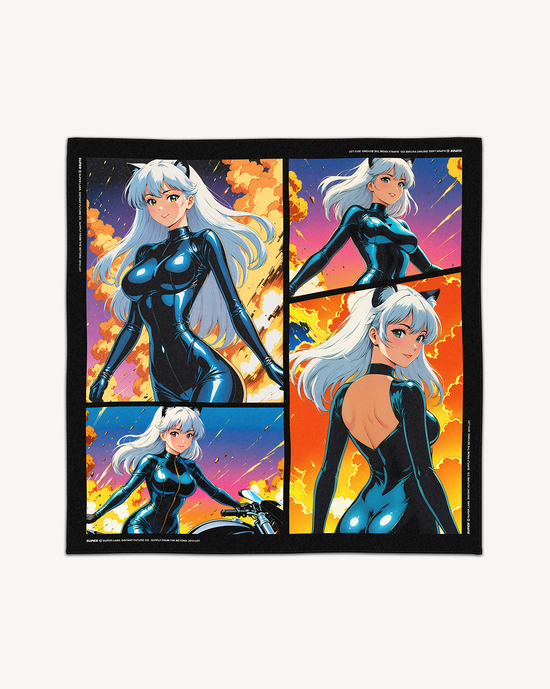 Peles Heat scarf featuring fierce anime heroine print on lightweight fabric, measuring 90x90cm.