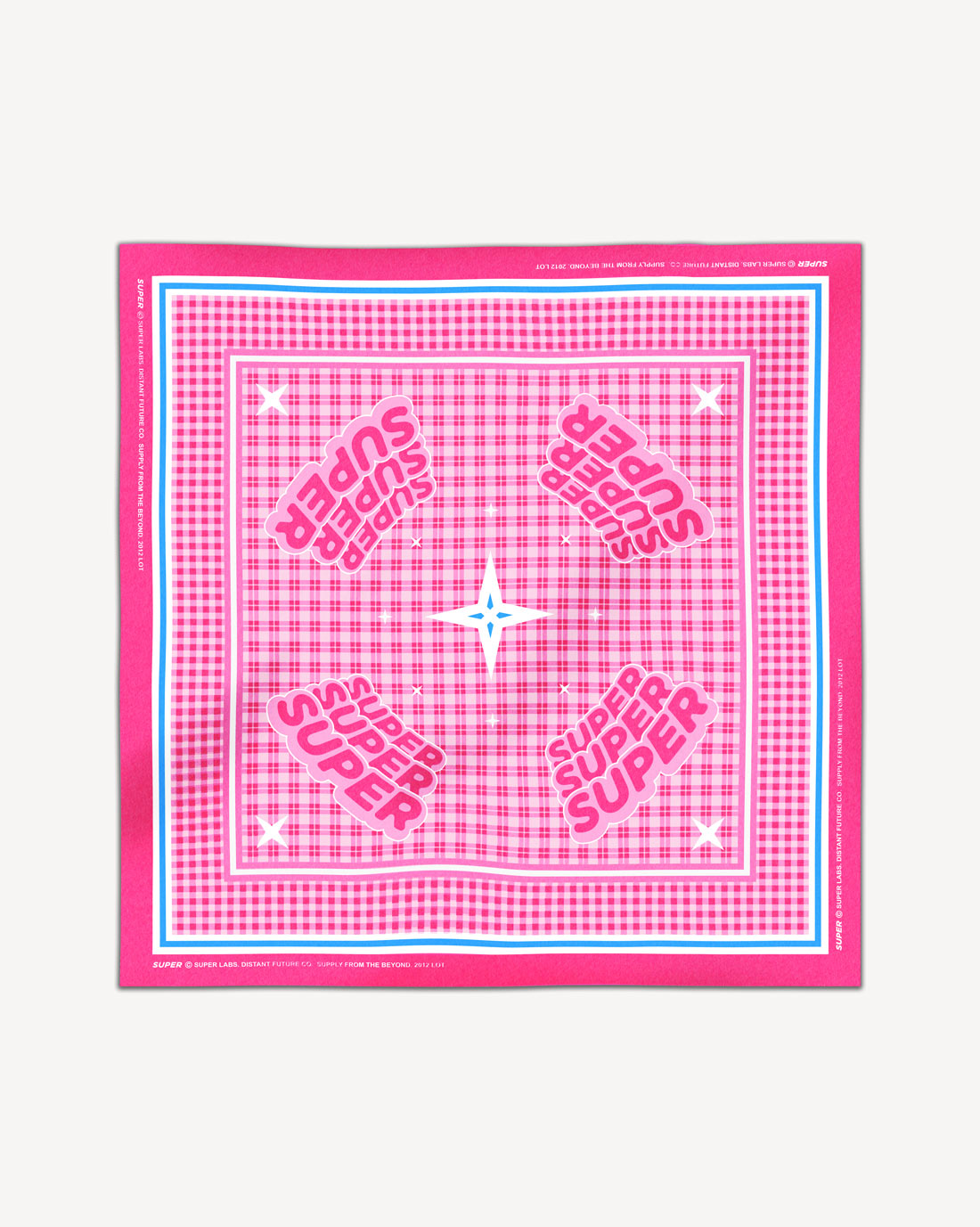 Triple Pink scarf with gingham plaid print and 'SUPER' motifs, 60x60cm, lightweight cotton, stylish accessory.