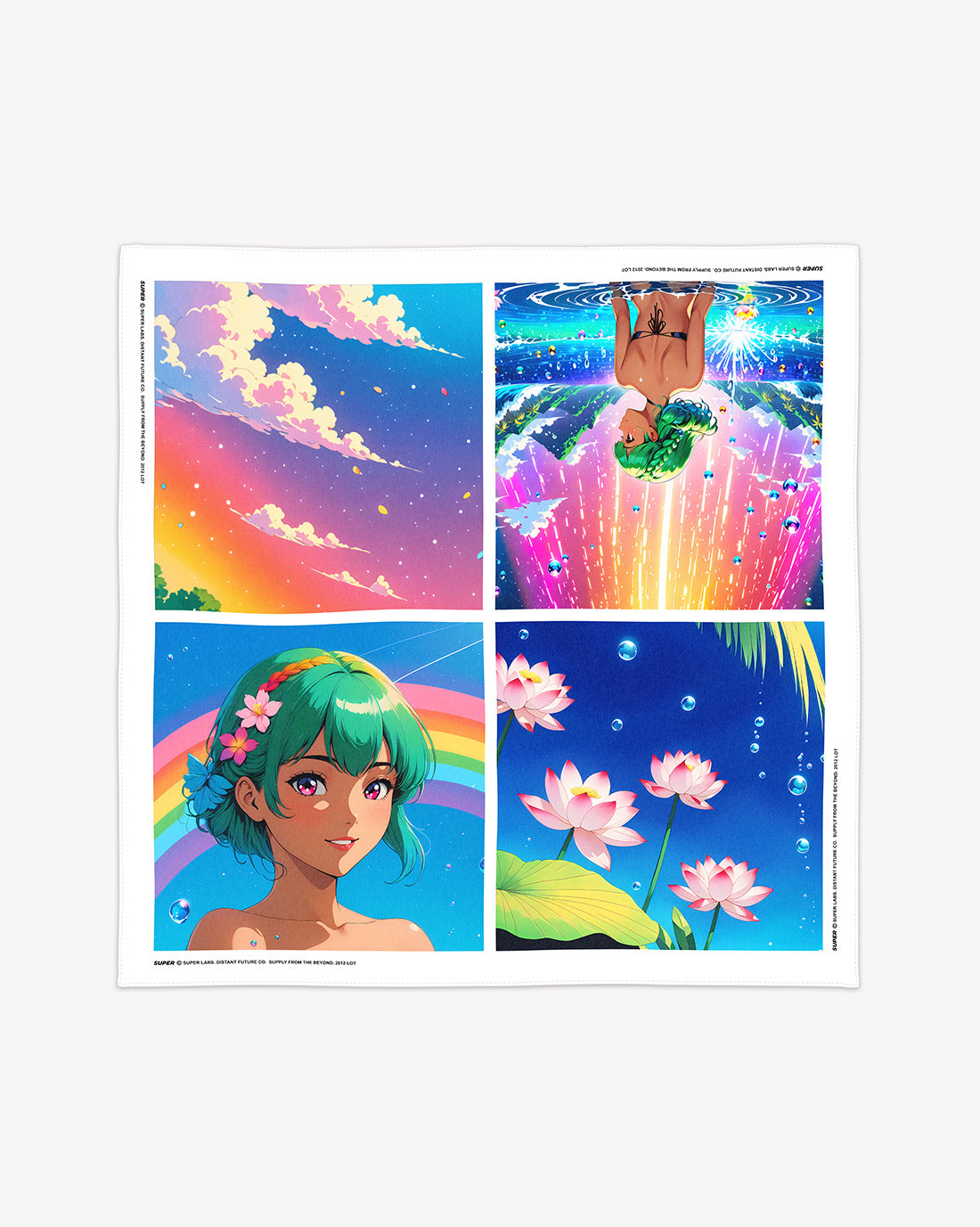 Colorful Water Garden scarf featuring anime prints with vibrant skies, flowers, and a character in a rainbow backdrop.