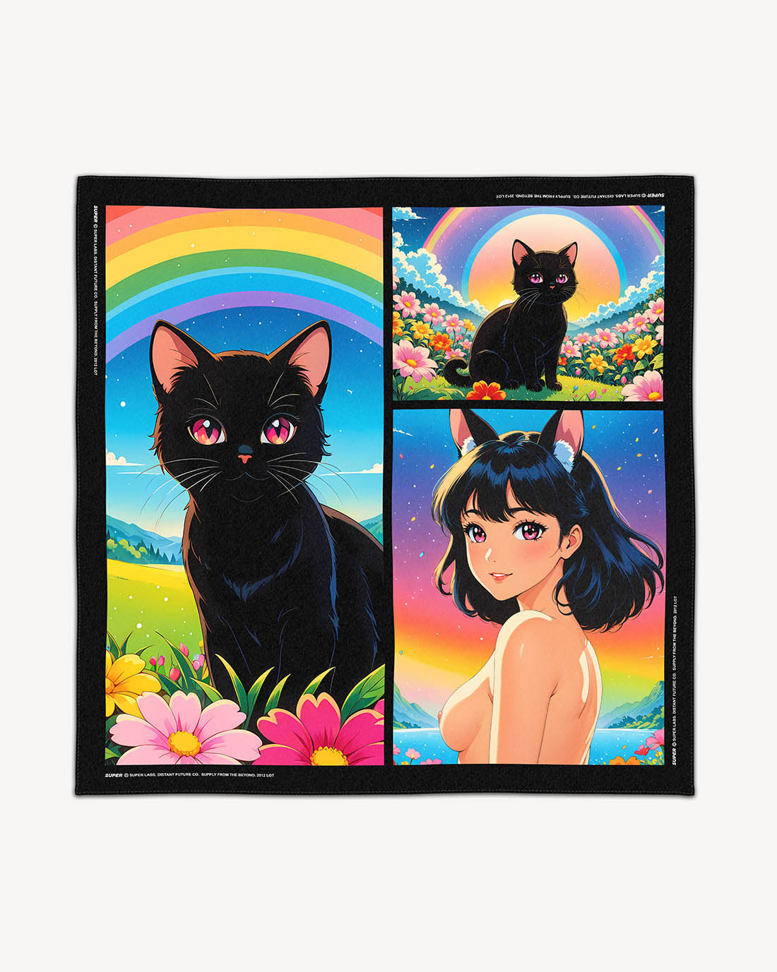 Large designer scarf with anime-inspired graphics of a kitty cat and cat girl.
