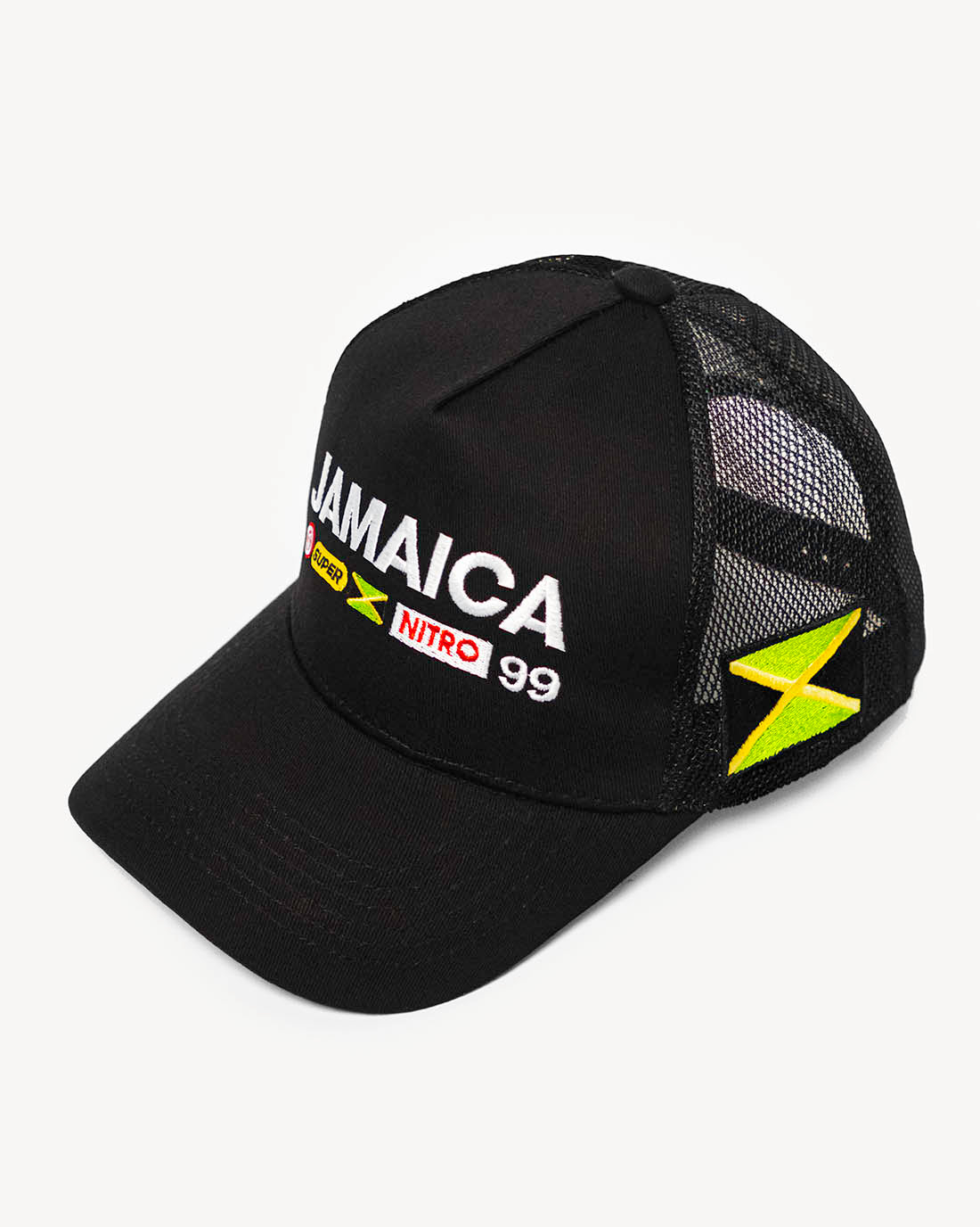 Front view of a sleek black snapback hat with stylish Jamaica-inspired embroidered design, patches and cooling mesh back.