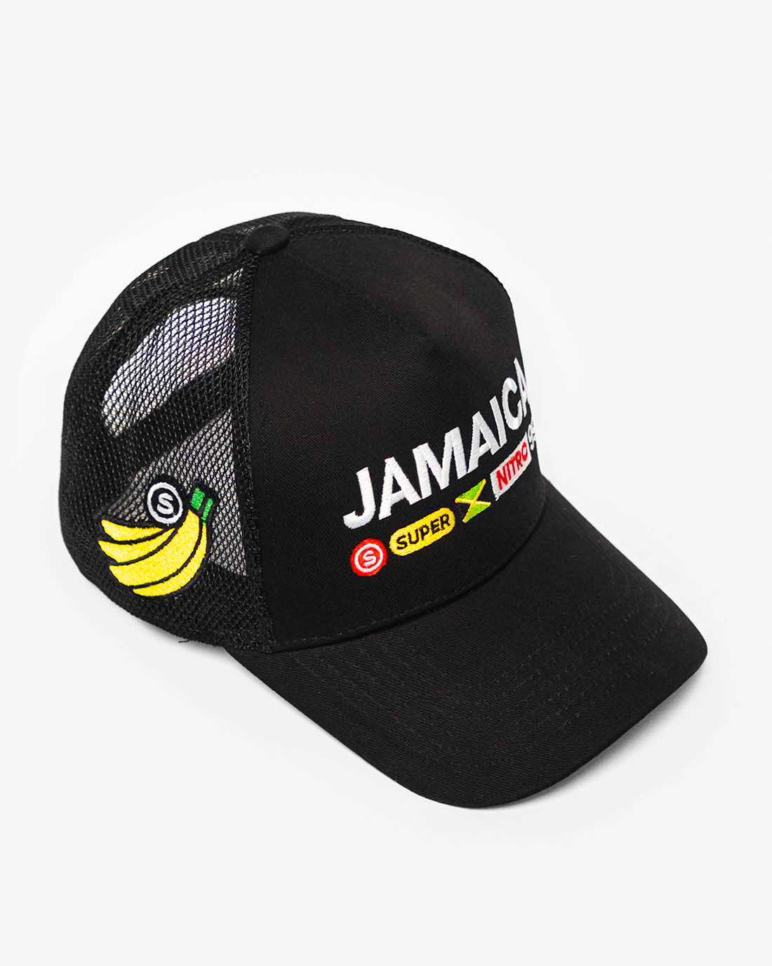 Front side view of a timeless black snapback hat with stylish Jamaica-inspired embroidered design, patches and cooling mesh back.