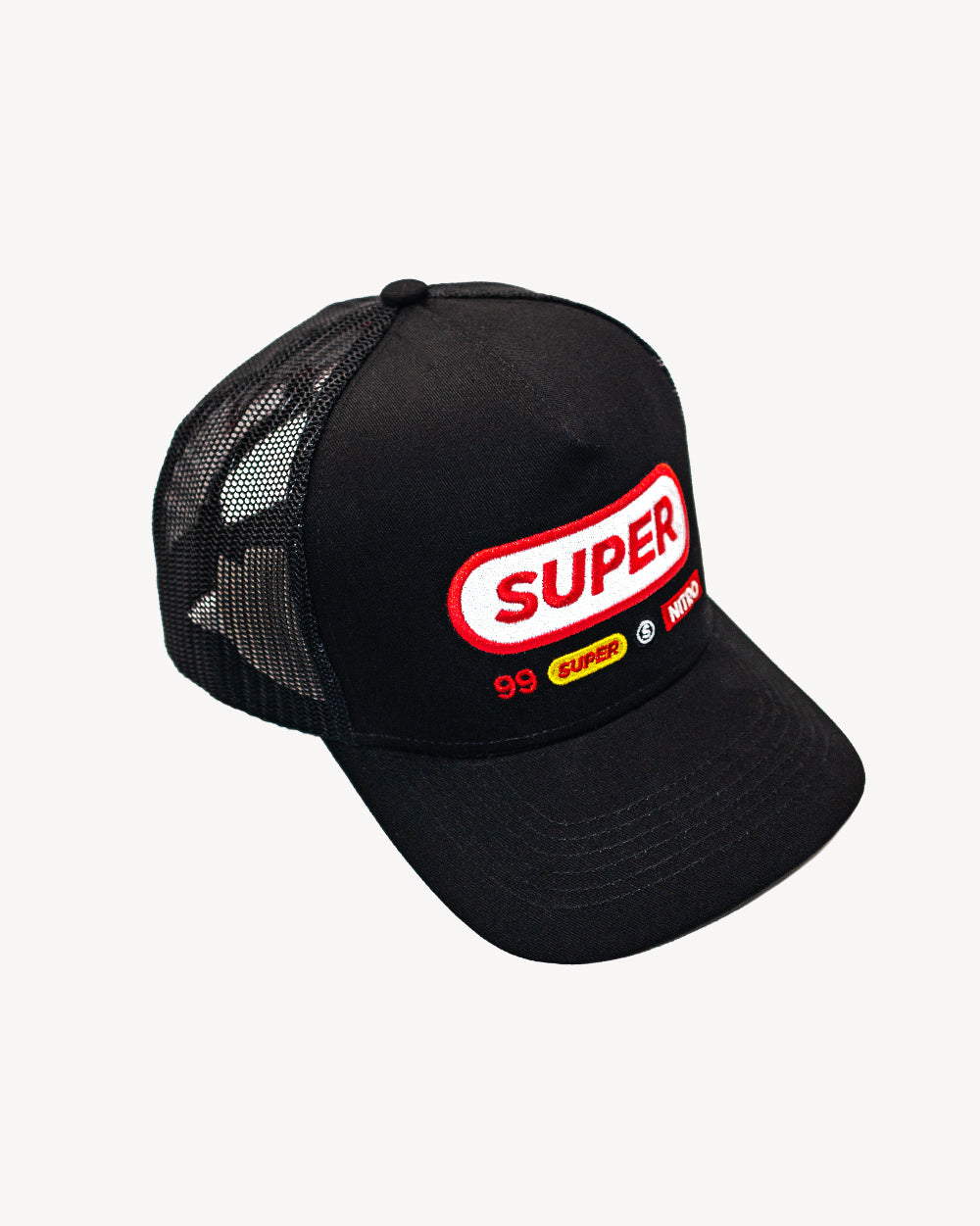 Cell Snapback Black cap with mesh back, featuring unique embroidered 'SUPER' logo and a comfortable style.