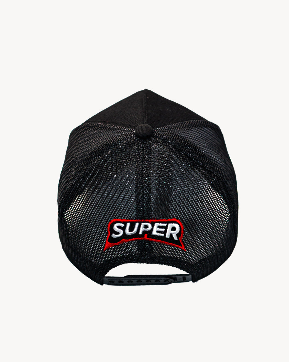 Back view of the Cell Snapback Black with mesh design and 'SUPER' embroidered patch for a stylish look.