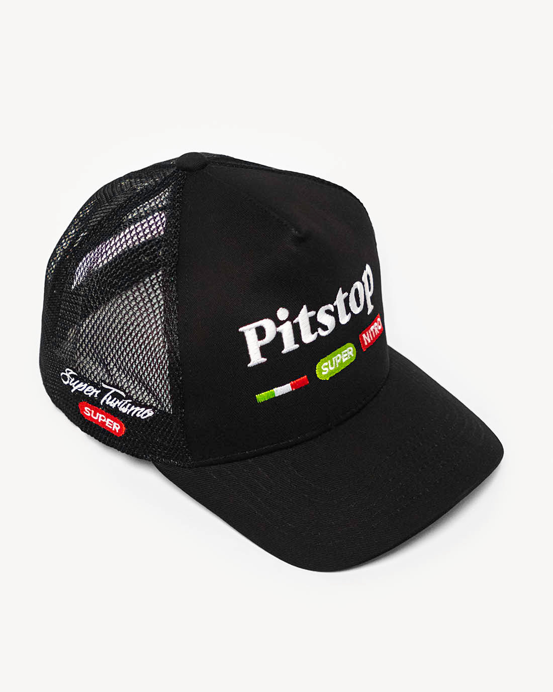 Front side view of a classic black snapback hat with stylish Italian-inspired embroidered design and cooling mesh back.