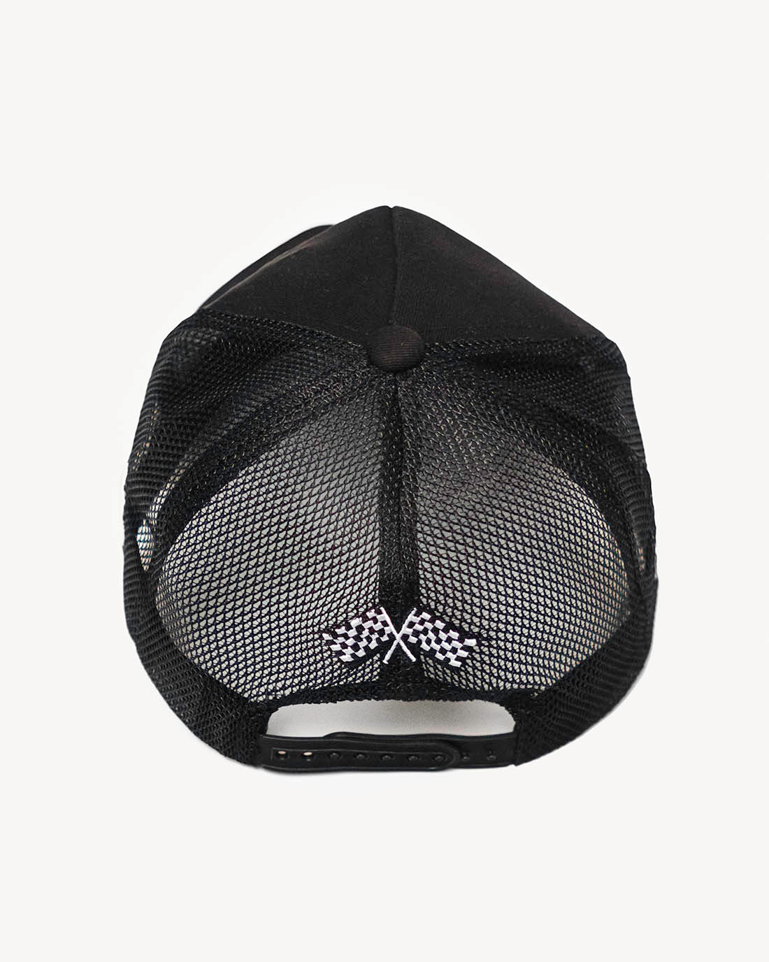 Rear view of a summery black snapback hat with stylish Italian-inspired embroidered design and cooling mesh back.
