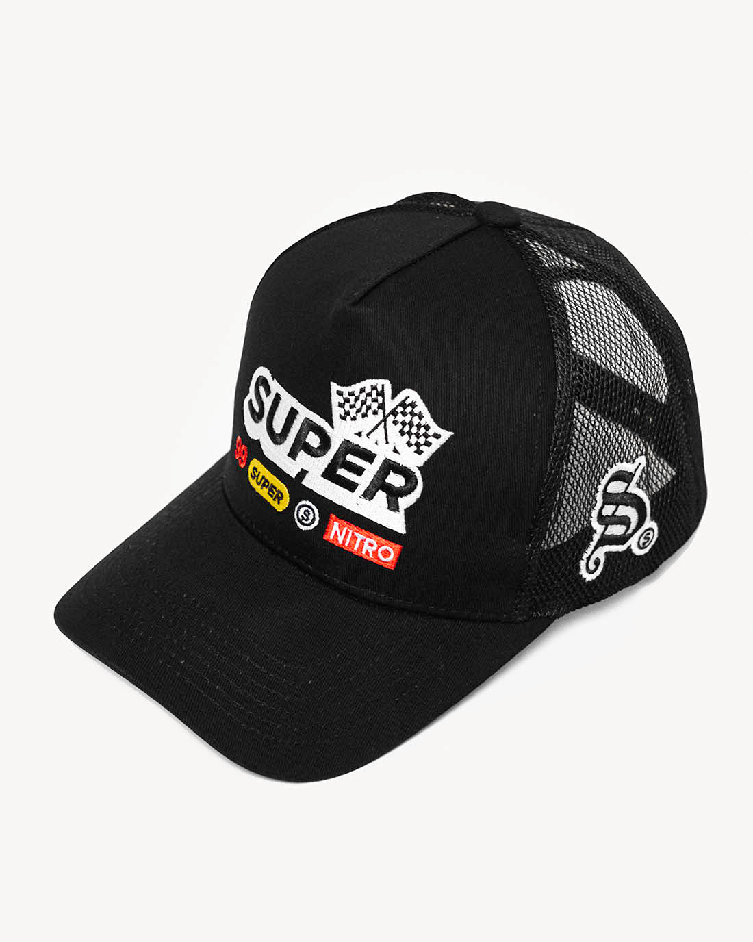 Front view of a sleek black snapback hat with stylish racing-inspired embroidered design and cooling mesh back.