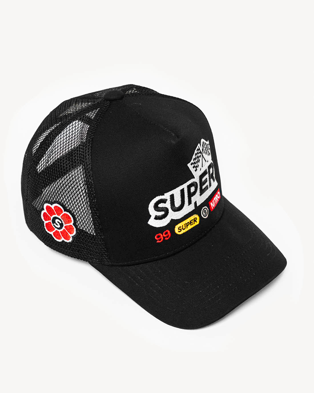 Front side view of a sporty black snapback hat with stylish racing-inspired embroidered design and cooling mesh back.