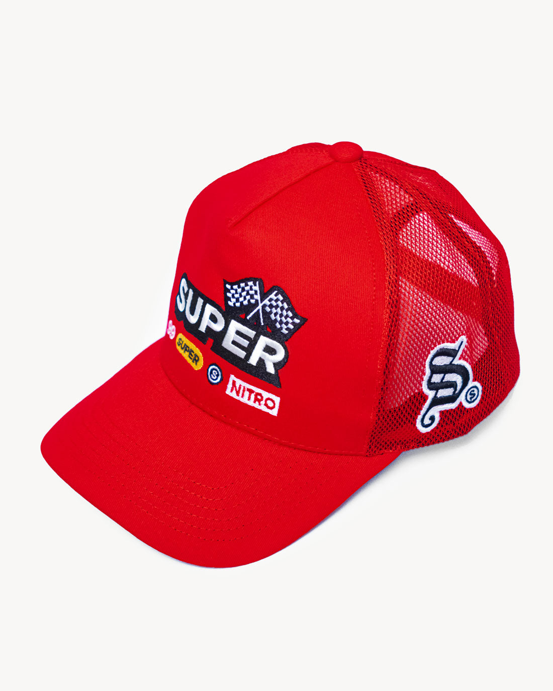 Front view of a vibrant red snapback hat with stylish racing-inspired embroidered design and cooling mesh back.