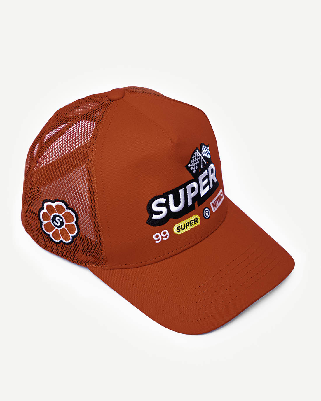 Front side view of a vibrant red snapback hat with stylish racing-inspired embroidered design and cooling mesh back.