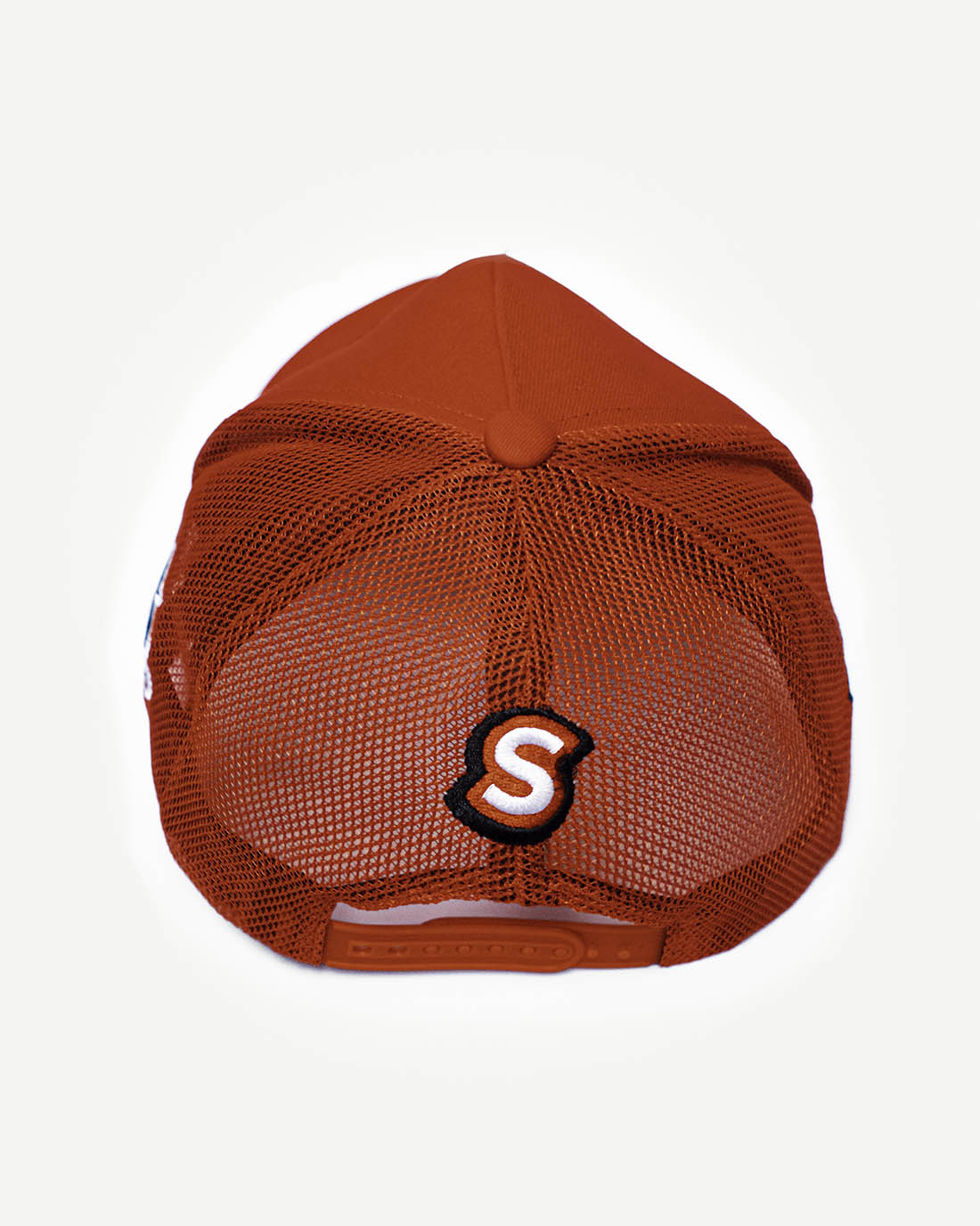 Rear side view of a sporty red snapback hat with trendy racing-inspired embroidered design and cooling mesh back.