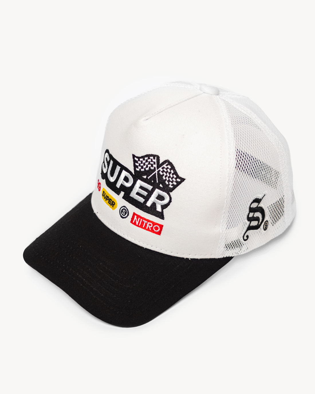 Front view of a two-tone black and white snapback hat with stylish racing-inspired embroidered design and cooling mesh back.