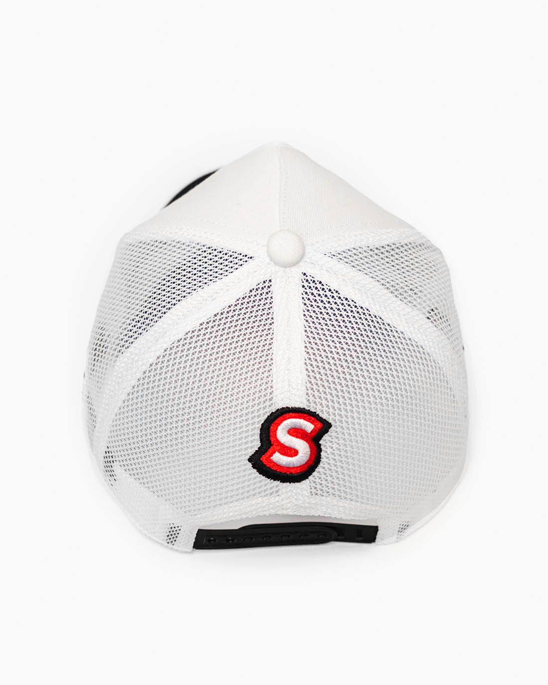 Rear side view of a two-tone black and white snapback hat with trendy racing-inspired embroidered design and cooling mesh back.